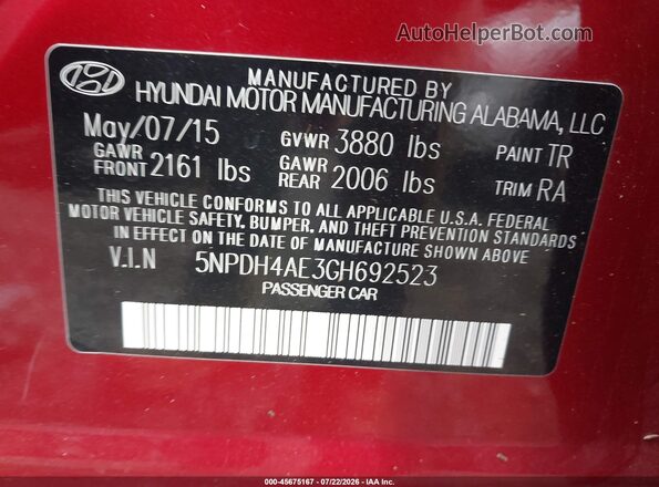 5NPDH4AE3GH692523 2016 HYUNDAI ELANTRA Красный Вид подкапотного пространства