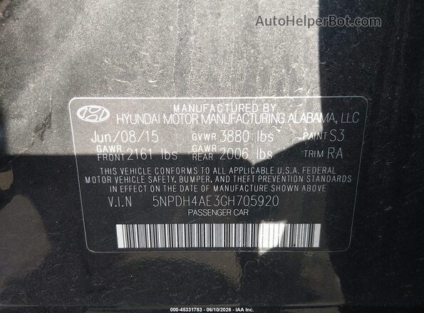 5NPDH4AE3GH705920 2016 HYUNDAI ELANTRA Black Vista del compartimento del motor