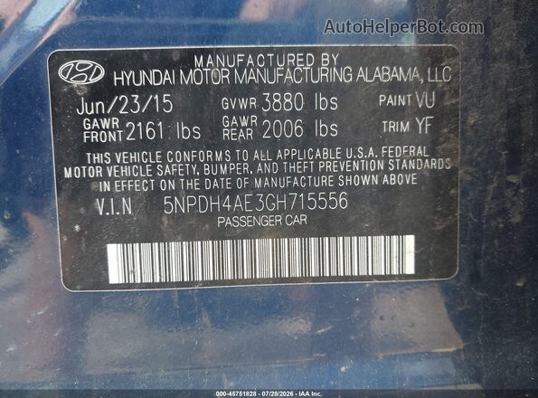 5NPDH4AE3GH715556 2016 HYUNDAI ELANTRA Blue Widok komory silnika