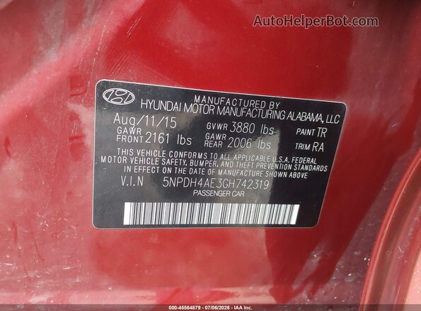 5NPDH4AE3GH742319 2016 HYUNDAI ELANTRA Red ძრავის განყოფილების ხედი