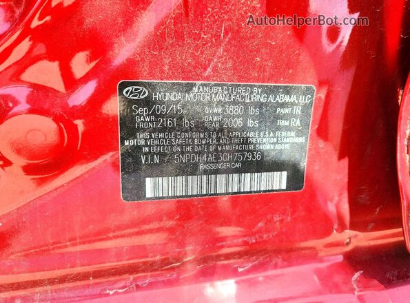 5NPDH4AE3GH757936 2016 HYUNDAI ELANTRA Red Вид підкапотного простору