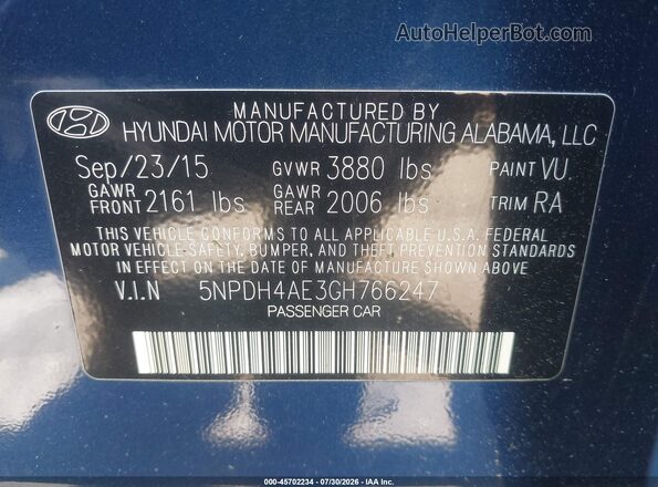 5NPDH4AE3GH766247 2016 HYUNDAI ELANTRA Синий Вид подкапотного пространства