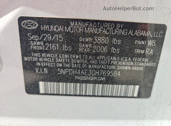 5NPDH4AE3GH769584 2016 HYUNDAI ELANTRA White Engine compartment view