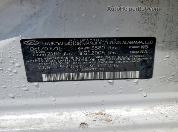 5NPDH4AE3GH774199 2016 HYUNDAI ELANTRA White VIN կոդի պիտակի տեսք