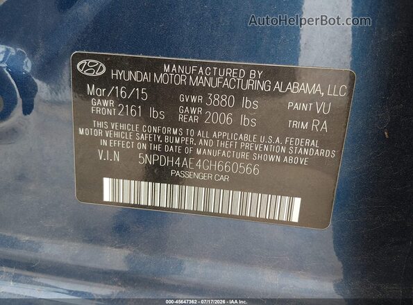 5NPDH4AE4GH660566 2016 HYUNDAI ELANTRA Blue ძრავის განყოფილების ხედი