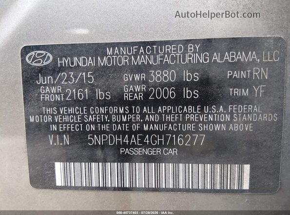 5NPDH4AE4GH716277 2016 HYUNDAI ELANTRA Beige Շարժիչի բաժամունքի տեսք
