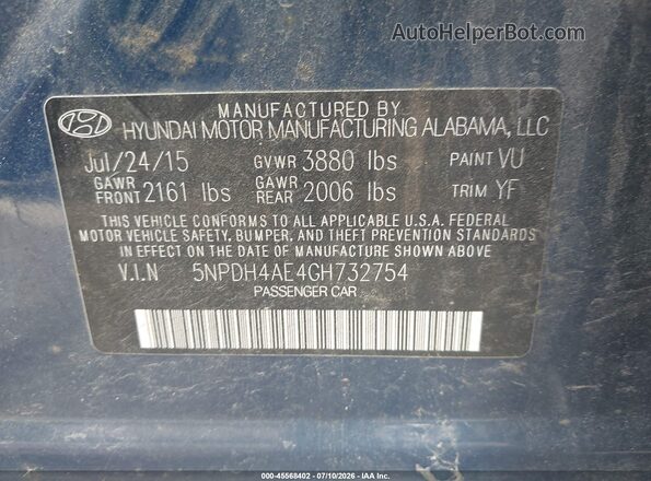 5NPDH4AE4GH732754 2016 HYUNDAI ELANTRA Синий Вид подкапотного пространства