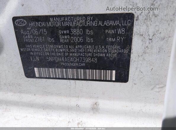 5NPDH4AE4GH739848 2016 HYUNDAI ELANTRA White Widok komory silnika