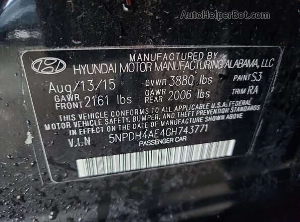 5NPDH4AE4GH743771 2016 HYUNDAI ELANTRA Black Vista del compartimento del motor