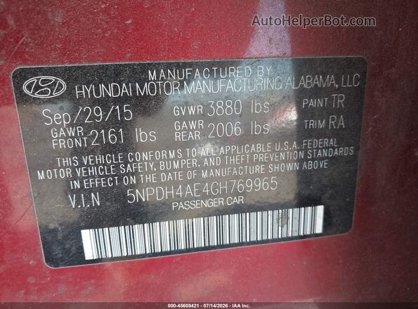 5NPDH4AE4GH769965 2016 HYUNDAI ELANTRA Red Вид підкапотного простору