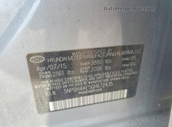 5NPDH4AE5GH672435 2016 HYUNDAI ELANTRA Silver Vista de la etiqueta del VIN