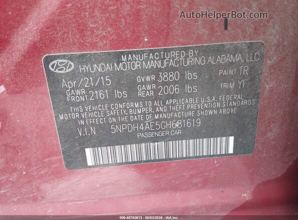 5NPDH4AE5GH681619 2016 HYUNDAI ELANTRA Red Widok komory silnika