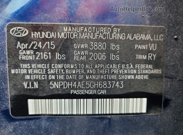 5NPDH4AE5GH683743 2016 HYUNDAI ELANTRA Blue Շարժիչի բաժամունքի տեսք