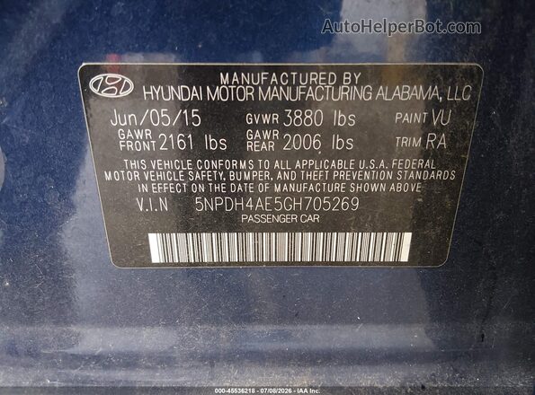 5NPDH4AE5GH705269 2016 HYUNDAI ELANTRA Blue Widok komory silnika