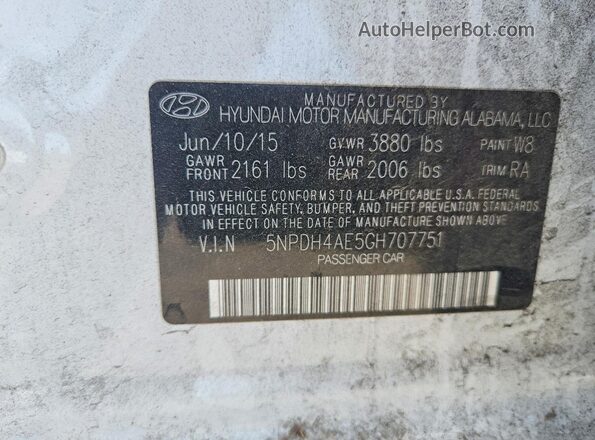 5NPDH4AE5GH707751 2016 HYUNDAI ELANTRA White Вид наклейки з VIN-кодом