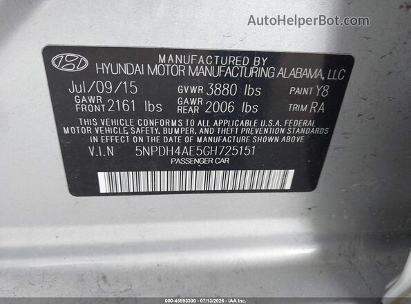 5NPDH4AE5GH725151 2016 HYUNDAI ELANTRA Silver ძრავის განყოფილების ხედი