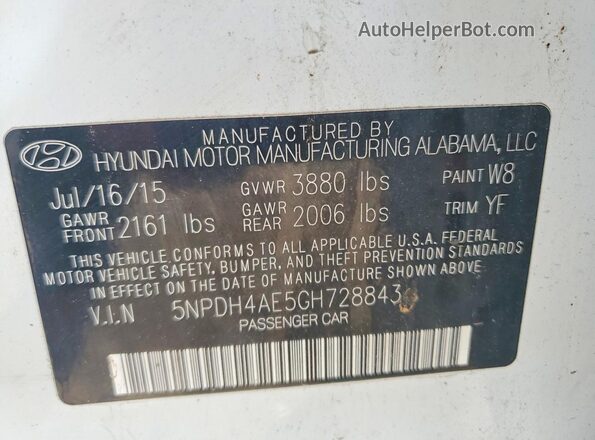 5NPDH4AE5GH728843 2016 HYUNDAI ELANTRA White ძრავის განყოფილების ხედი
