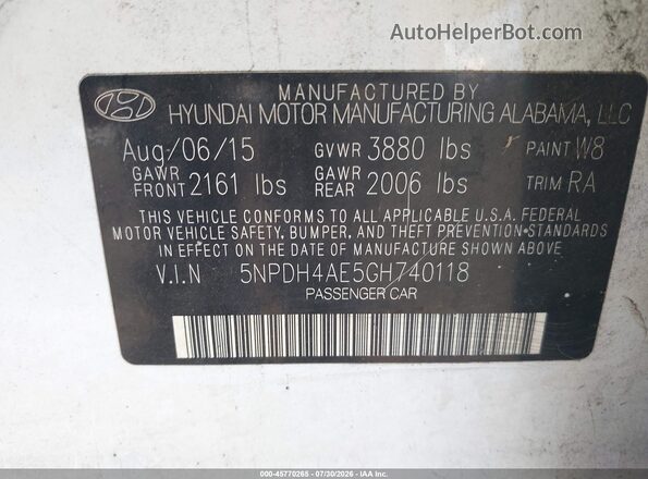 5NPDH4AE5GH740118 2016 HYUNDAI ELANTRA White ძრავის განყოფილების ხედი