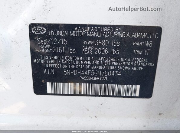 5NPDH4AE5GH760434 2016 HYUNDAI ELANTRA White ძრავის განყოფილების ხედი