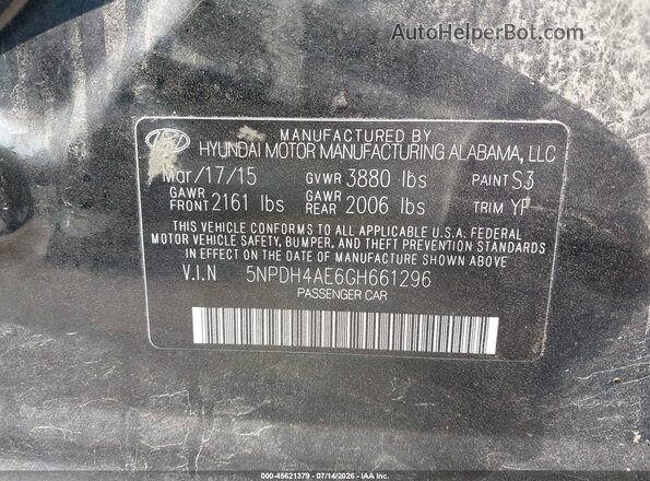 5NPDH4AE6GH661296 2016 HYUNDAI ELANTRA Black Вид підкапотного простору