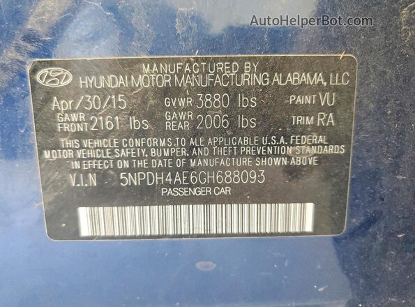 5NPDH4AE6GH688093 2016 HYUNDAI ELANTRA Синий Вид наклейки с VIN-кодом