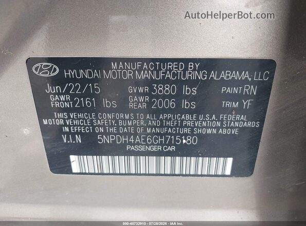 5NPDH4AE6GH715180 2016 HYUNDAI ELANTRA Gray Engine compartment view
