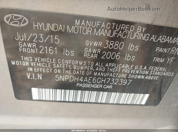 5NPDH4AE6GH732397 2016 HYUNDAI ELANTRA Gray Engine compartment view