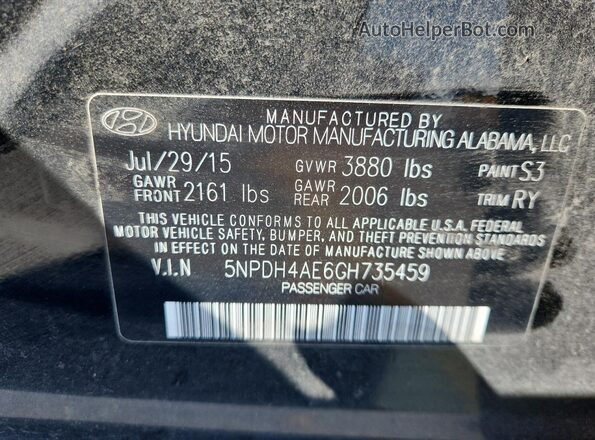 5NPDH4AE6GH735459 2016 HYUNDAI ELANTRA Black ძრავის განყოფილების ხედი