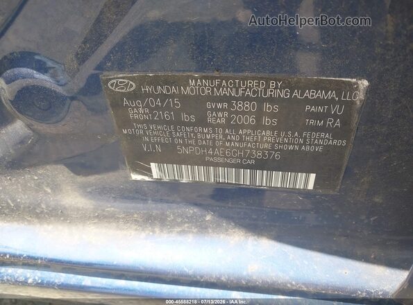 5NPDH4AE6GH738376 2016 HYUNDAI ELANTRA Navy Vista del compartimento del motor