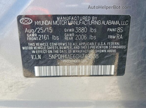 5NPDH4AE6GH749538 2016 HYUNDAI ELANTRA Silver Вид підкапотного простору