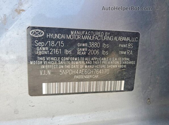5NPDH4AE6GH764170 2016 HYUNDAI ELANTRA Silver VIN sticker view
