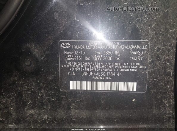 5NPDH4AE6GH784144 2016 HYUNDAI ELANTRA Black Vista del compartimento del motor