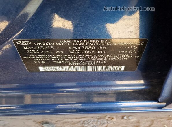 5NPDH4AE7GH659136 2016 HYUNDAI ELANTRA Blue Vista de la etiqueta del VIN