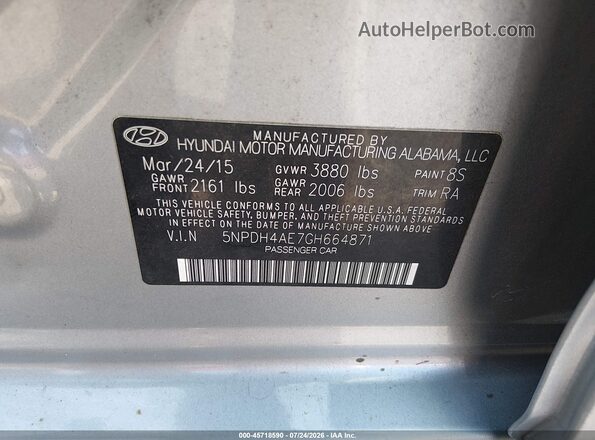5NPDH4AE7GH664871 2016 HYUNDAI ELANTRA Silver Widok komory silnika