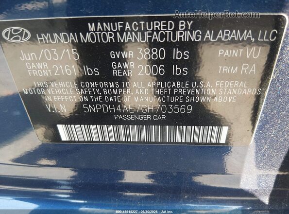5NPDH4AE7GH703569 2016 HYUNDAI ELANTRA Синий Вид подкапотного пространства