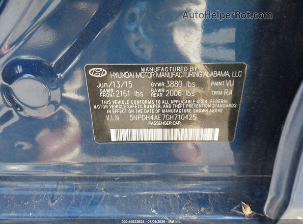 5NPDH4AE7GH710425 2016 HYUNDAI ELANTRA Синий Вид подкапотного пространства