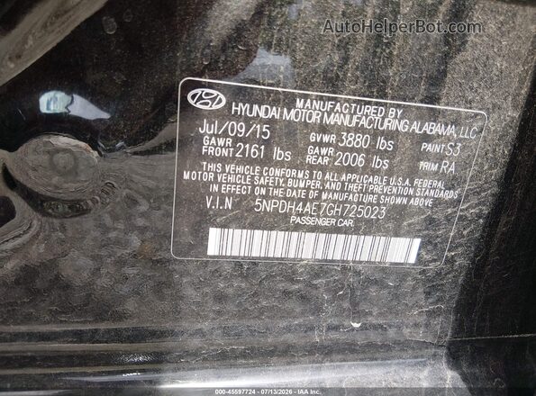 5NPDH4AE7GH725023 2016 HYUNDAI ELANTRA Black Вид підкапотного простору