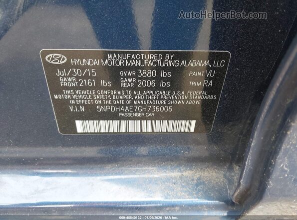 5NPDH4AE7GH736006 2016 HYUNDAI ELANTRA Blue Вид підкапотного простору