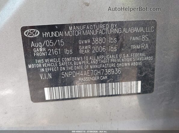 5NPDH4AE7GH738936 2016 HYUNDAI ELANTRA Silver Вид підкапотного простору