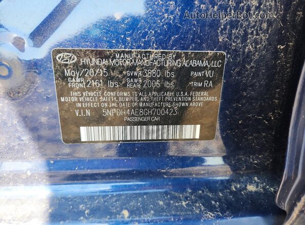 5NPDH4AE8GH700423 2016 HYUNDAI ELANTRA Синий Вид подкапотного пространства