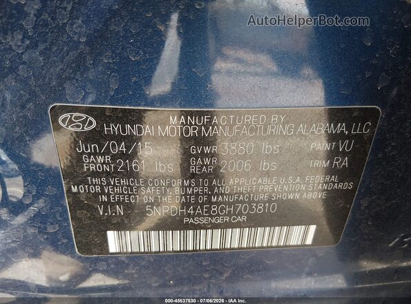5NPDH4AE8GH703810 2016 HYUNDAI ELANTRA Blue Շարժիչի բաժամունքի տեսք