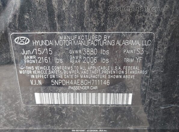5NPDH4AE8GH711146 2016 HYUNDAI ELANTRA Black ძრავის განყოფილების ხედი