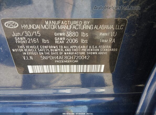 5NPDH4AE8GH720042 2016 HYUNDAI ELANTRA Blue Widok komory silnika