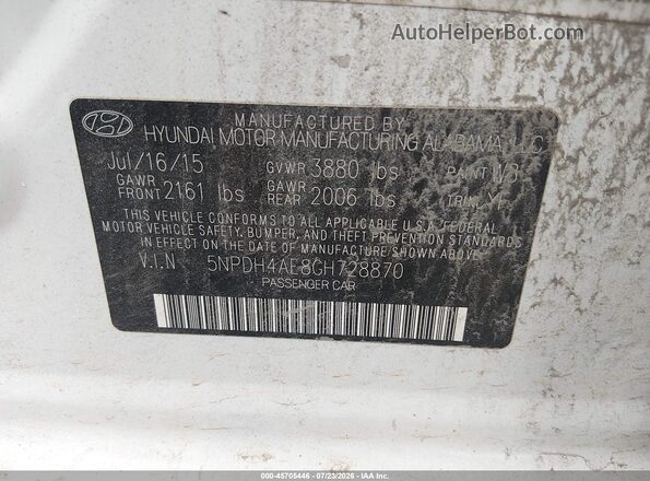 5NPDH4AE8GH728870 2016 HYUNDAI ELANTRA White Vista del compartimento del motor