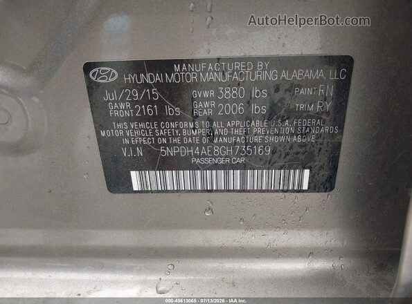 5NPDH4AE8GH735169 2016 HYUNDAI ELANTRA Pewter Widok komory silnika