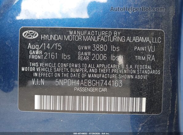 5NPDH4AE8GH744163 2016 HYUNDAI ELANTRA Dark Blue Widok komory silnika