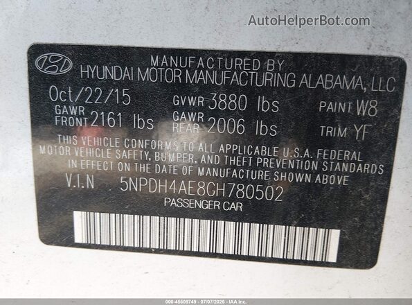 5NPDH4AE8GH780502 2016 HYUNDAI ELANTRA White Vista del compartimento del motor