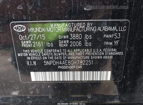 5NPDH4AE8GH782251 2016 HYUNDAI ELANTRA Black Vista del compartimento del motor