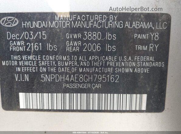 5NPDH4AE8GH795162 2016 HYUNDAI ELANTRA Silver ძრავის განყოფილების ხედი