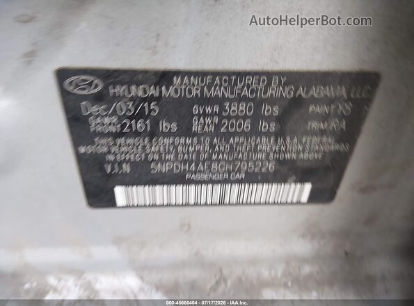 5NPDH4AE8GH795226 2016 HYUNDAI ELANTRA Серый Вид подкапотного пространства
